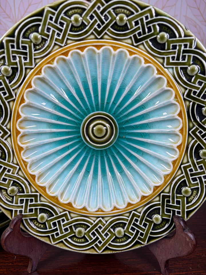 Set of Three Majolica-Style Ceramic Plates with Celtic Knotwork Border