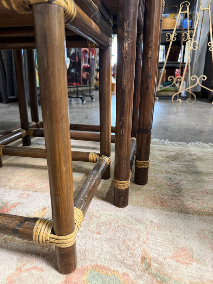 3 Vintage Wood and Rattan Nesting Tables
