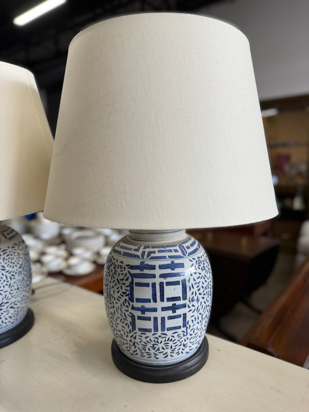 Set of 2 Blue and White Double Happiness Lamps