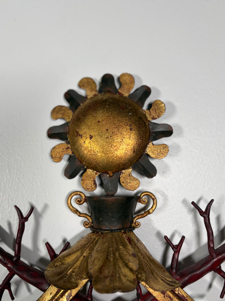 Vintage Two-Light Wall Sconce with Round Mirror and Decorative Ironwork