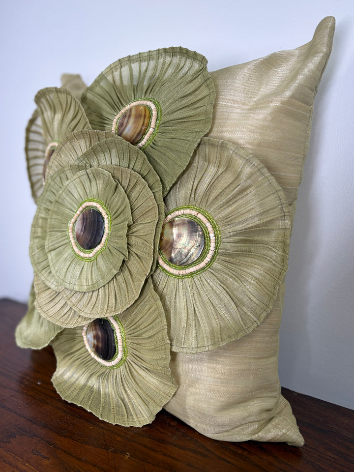 Green Silk Decorative Pillow with Pleated Rosettes and Shell Embellishments