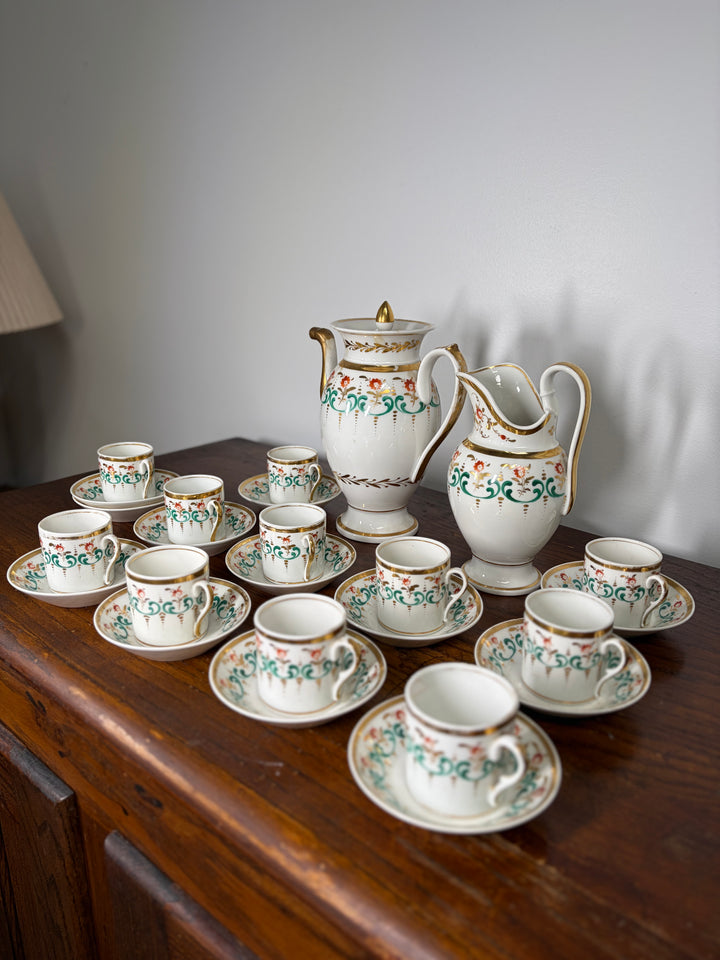 Antique Porcelain Tea/Coffee Service Set with Green Scrollwork & Gilt Decoration