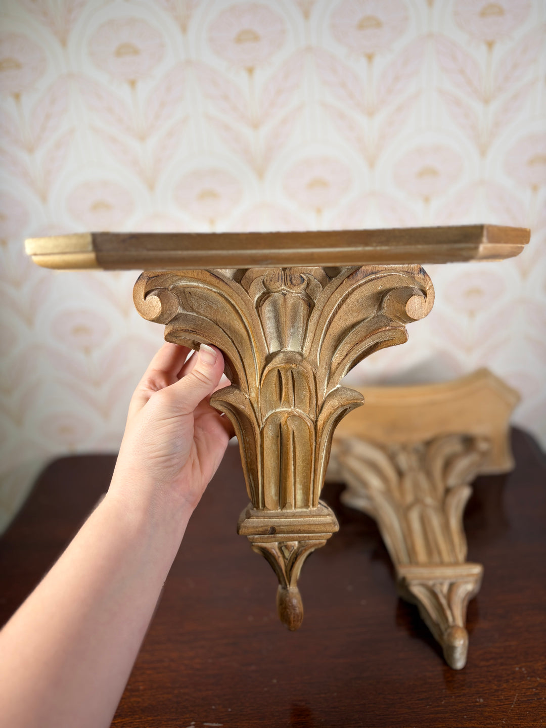 Pair of Gilt Acanthus-Leaf Wall Bracket Shelves (Made in Italy)