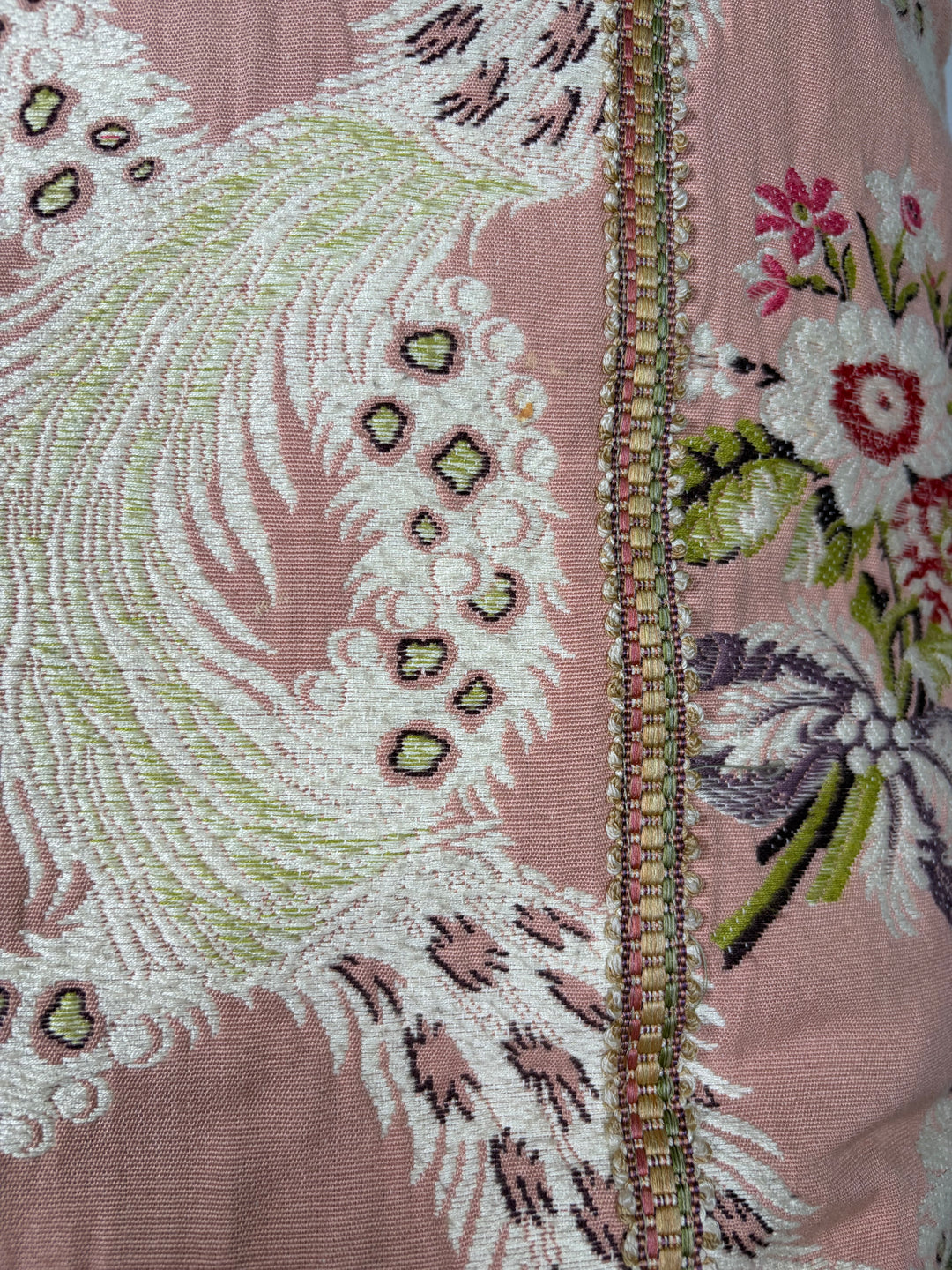 Pink & Green Floral Brocade Decorative Pillow with Corner Bows