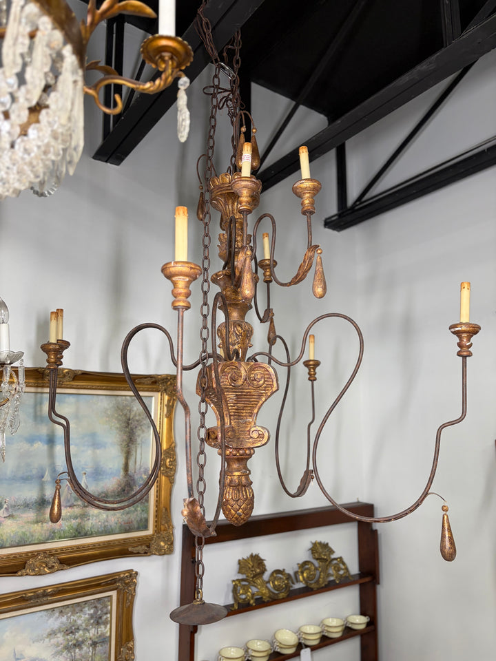 Large Gold Multi-Arm Chandelier with Carved Column