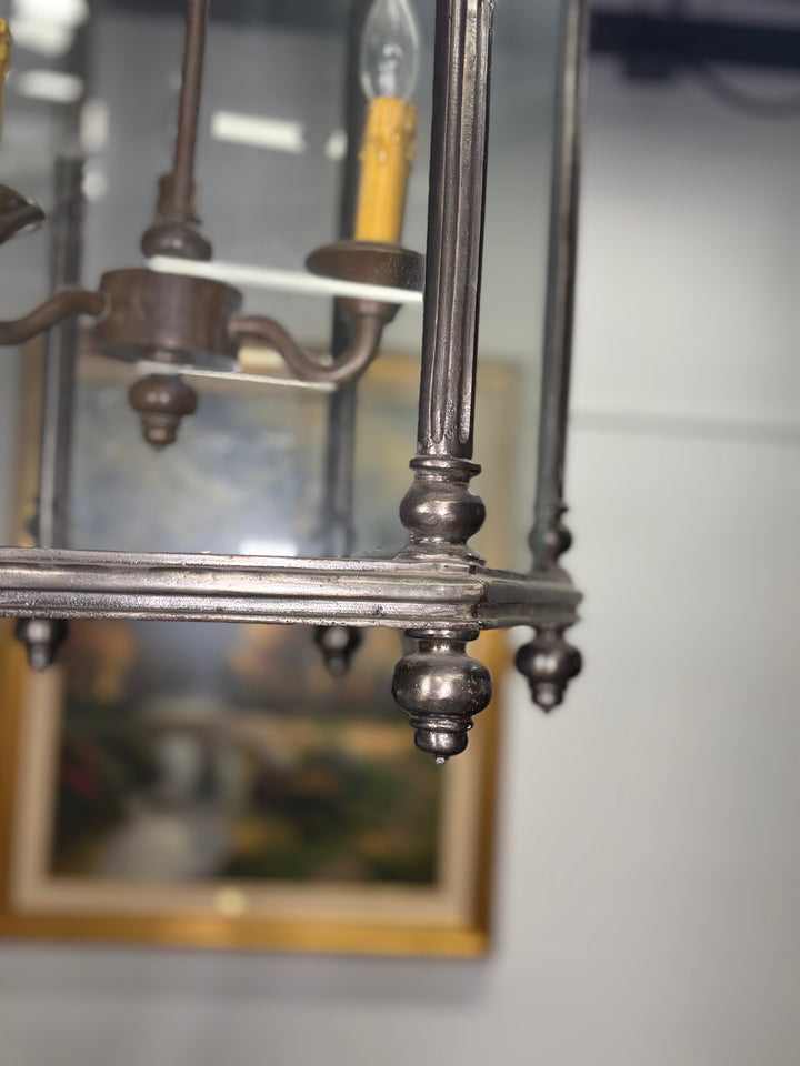 Large Gothic-Style Dark Metal and Glass Pendant Lantern Chandelier
