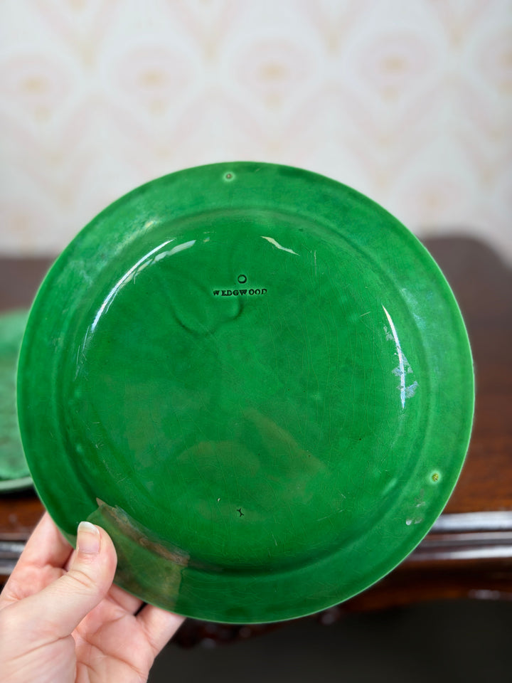 Pair of Green Majolica Leaf Pattern Plates