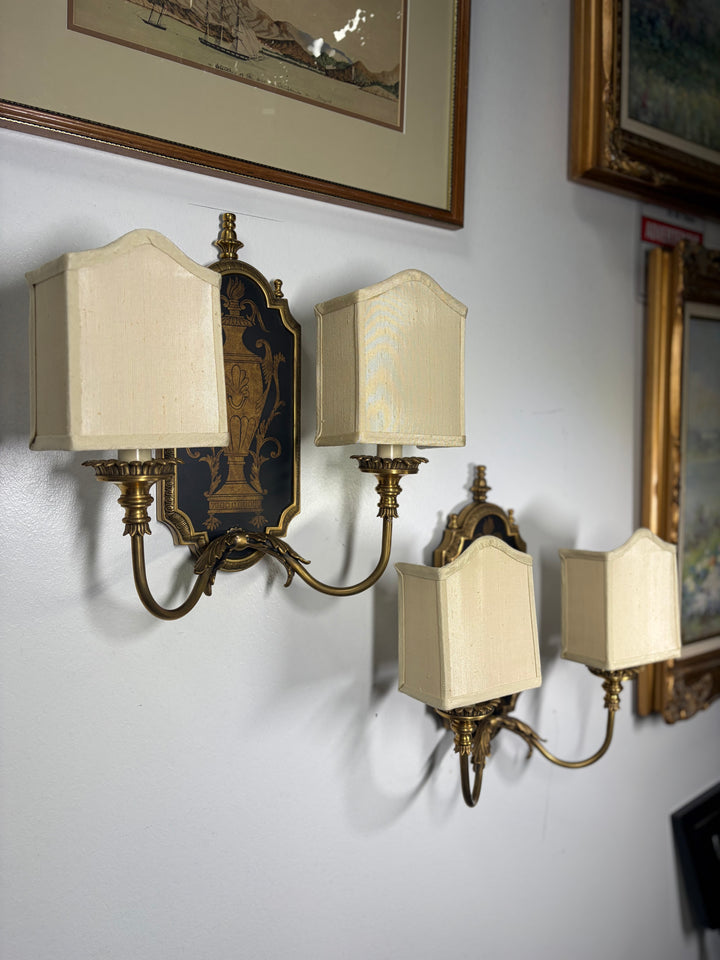 Pair of Antiqued Brass Two-Light Wall Sconces in Original Box