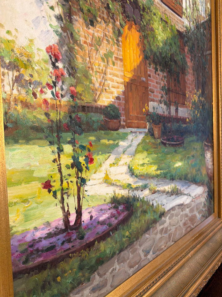 Framed Cottage Original Oil Painting - Signed "Lotte" (39.5 in x 49.5 in)