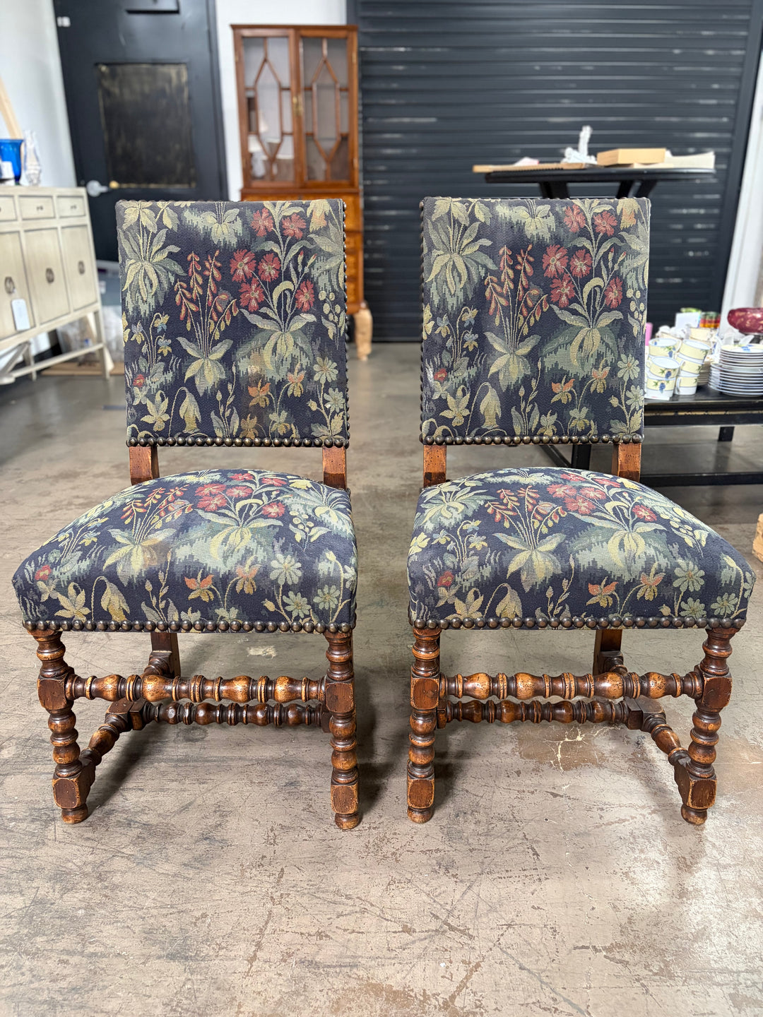Pair of Barley Twist Dining Chairs with Tapestry Upholstery