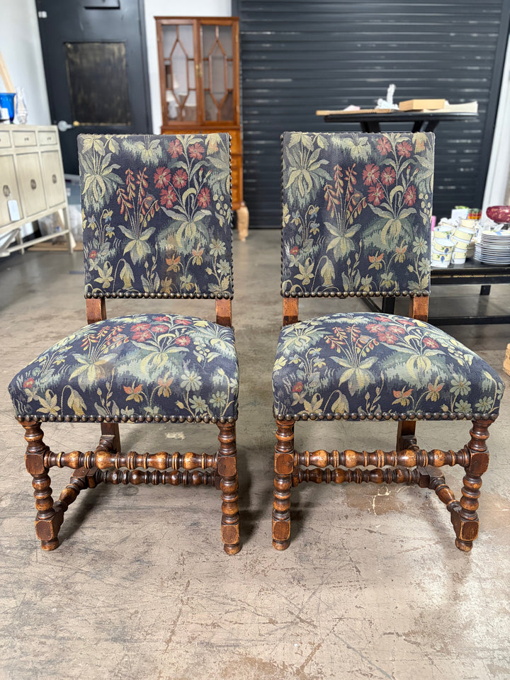 Pair of Barley Twist Dining Chairs with Tapestry Upholstery