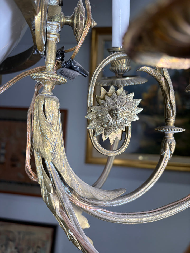 Neoclassical Brass and Cobalt Porcelain Chandelier with Opaline Glass Bowl