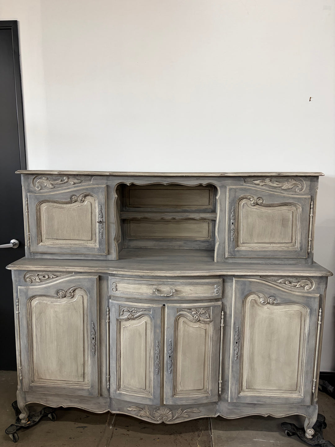 French Provincial Gray-Washed Wood Buffet with Hutch Top