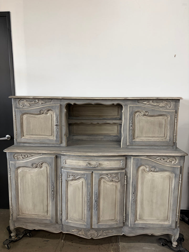 French Provincial Gray-Washed Wood Buffet with Hutch Top