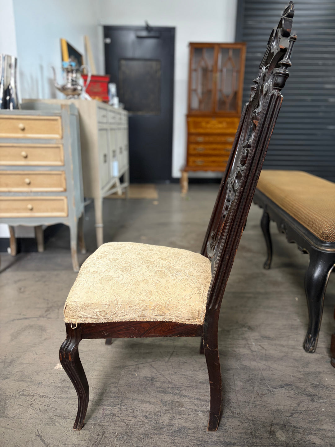 Ebonized Baroque-Style Carved Side Chair with Cream Damask Seat