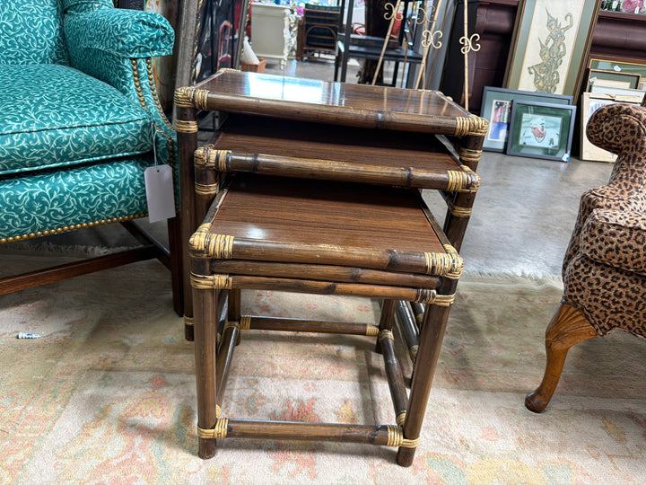 3 Vintage Wood and Rattan Nesting Tables