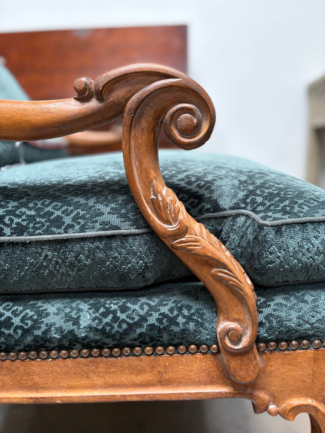 Pair of French Provincial Carved Walnut Armchairs with Teal Velvet Upholstery