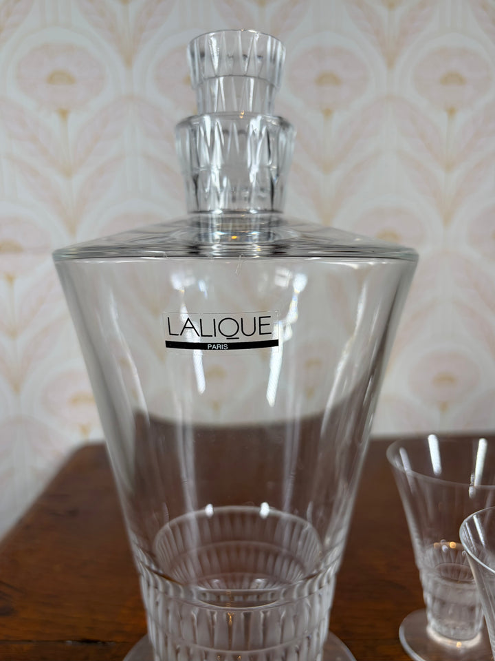 Lalique "Bourgueil" pattern crystal decanter and stopper and 4 Shot Glasses