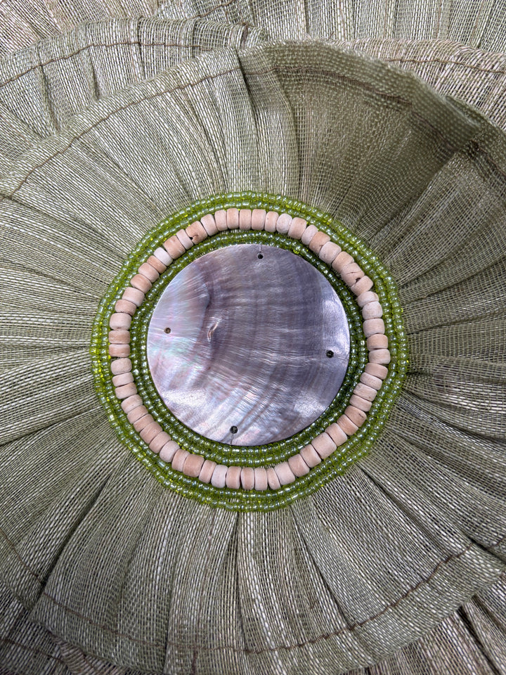 Green Silk Decorative Pillow with Pleated Rosettes and Shell Embellishments