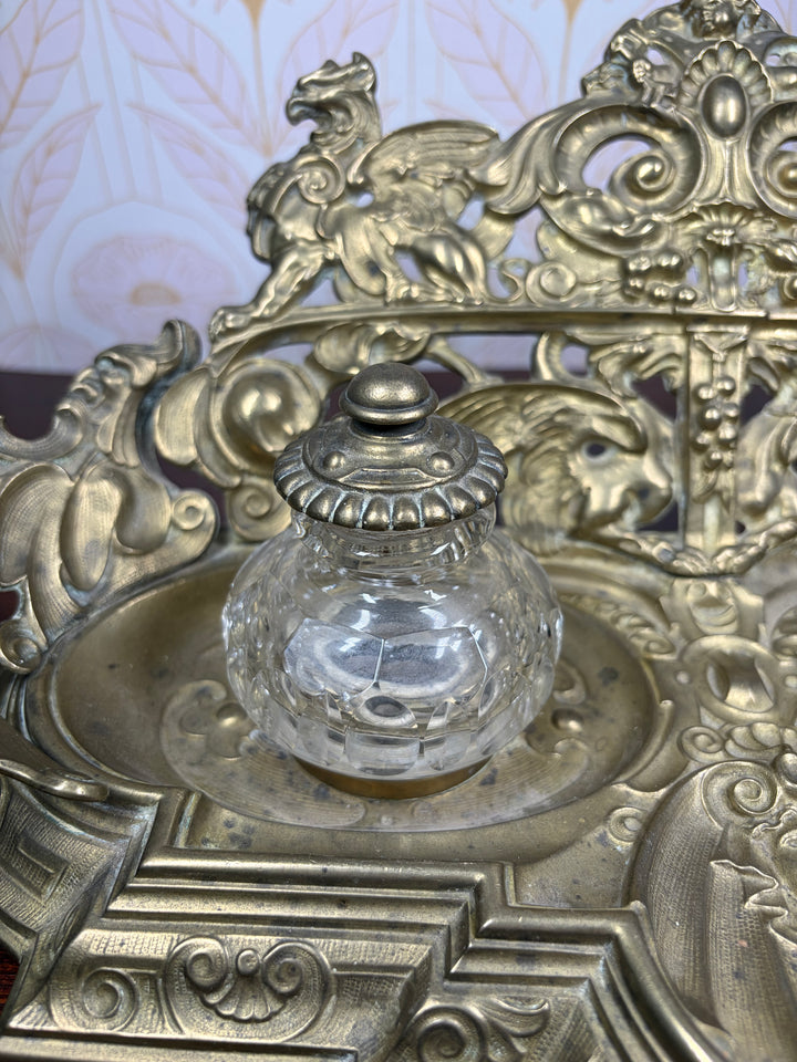 Ornate Gilt Brass Double Inkwell Desk Stand
