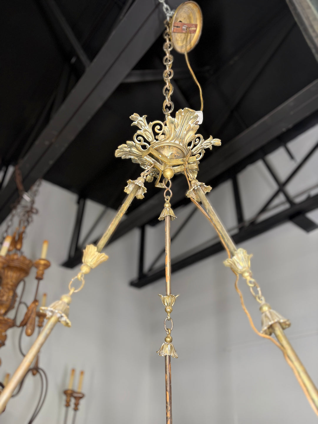 Neoclassical Brass and Cobalt Porcelain Chandelier with Opaline Glass Bowl