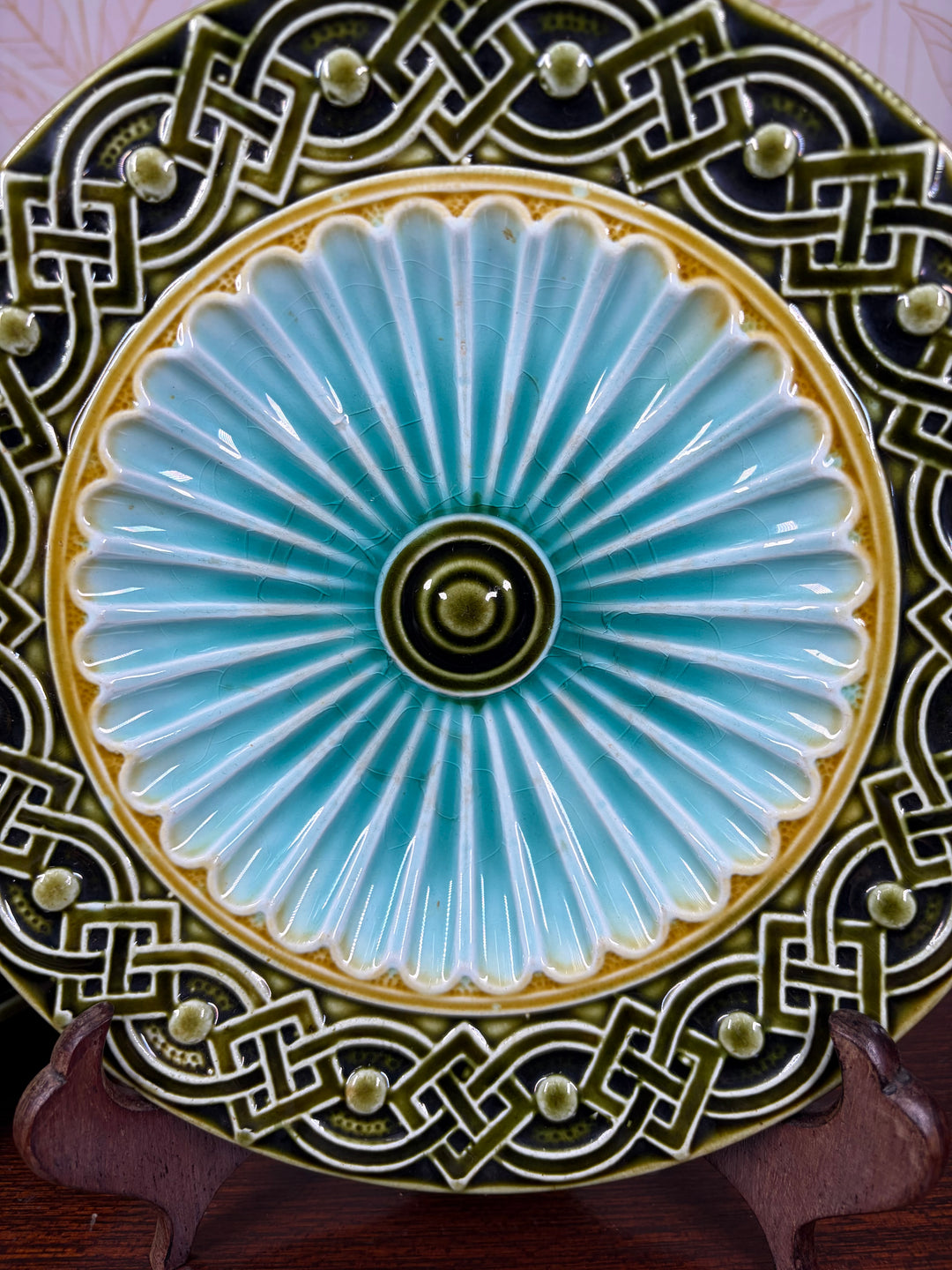 Set of Three Majolica-Style Ceramic Plates with Celtic Knotwork Border