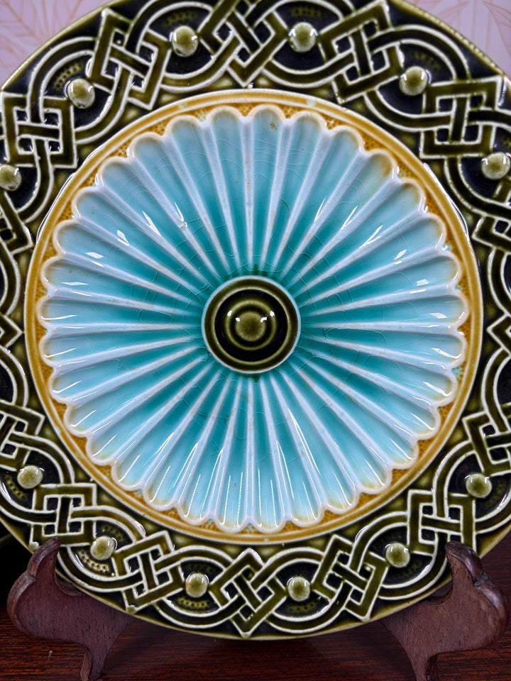 Set of Three Majolica-Style Ceramic Plates with Celtic Knotwork Border