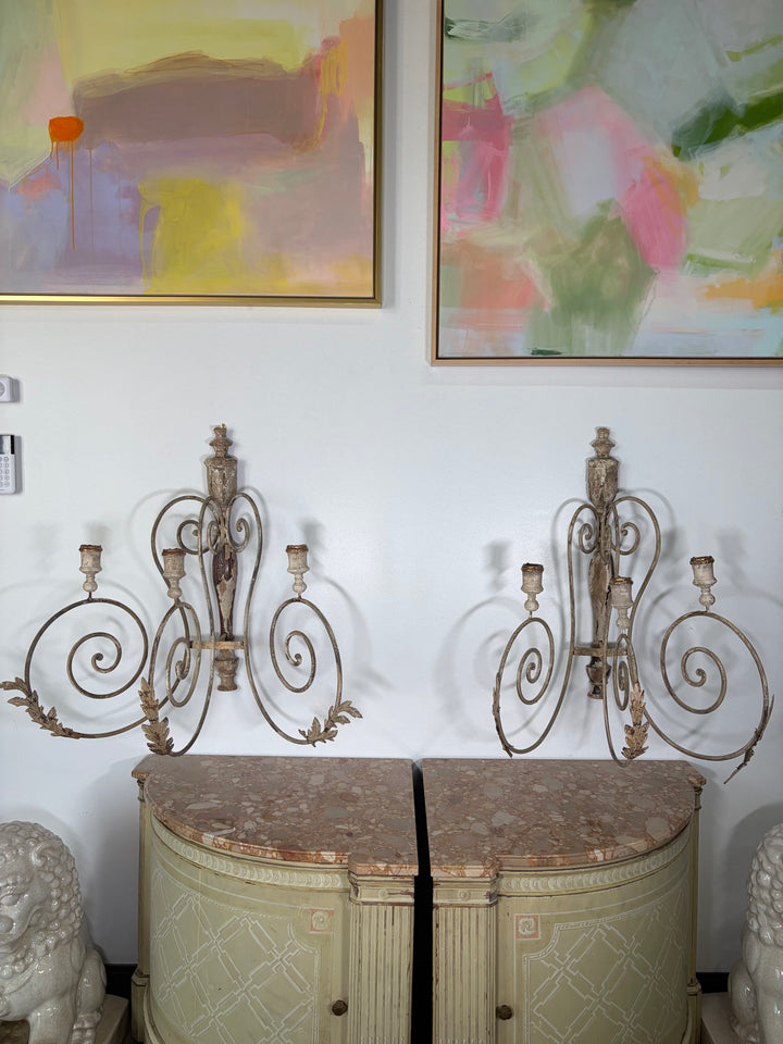 Pair of Painted Iron & Wood Three-Arm Wall Candle Sconces