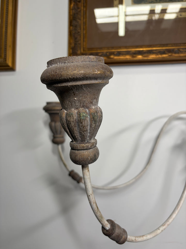 Pair of 5-Arm Wall Sconces – White Wash Distressed Finish