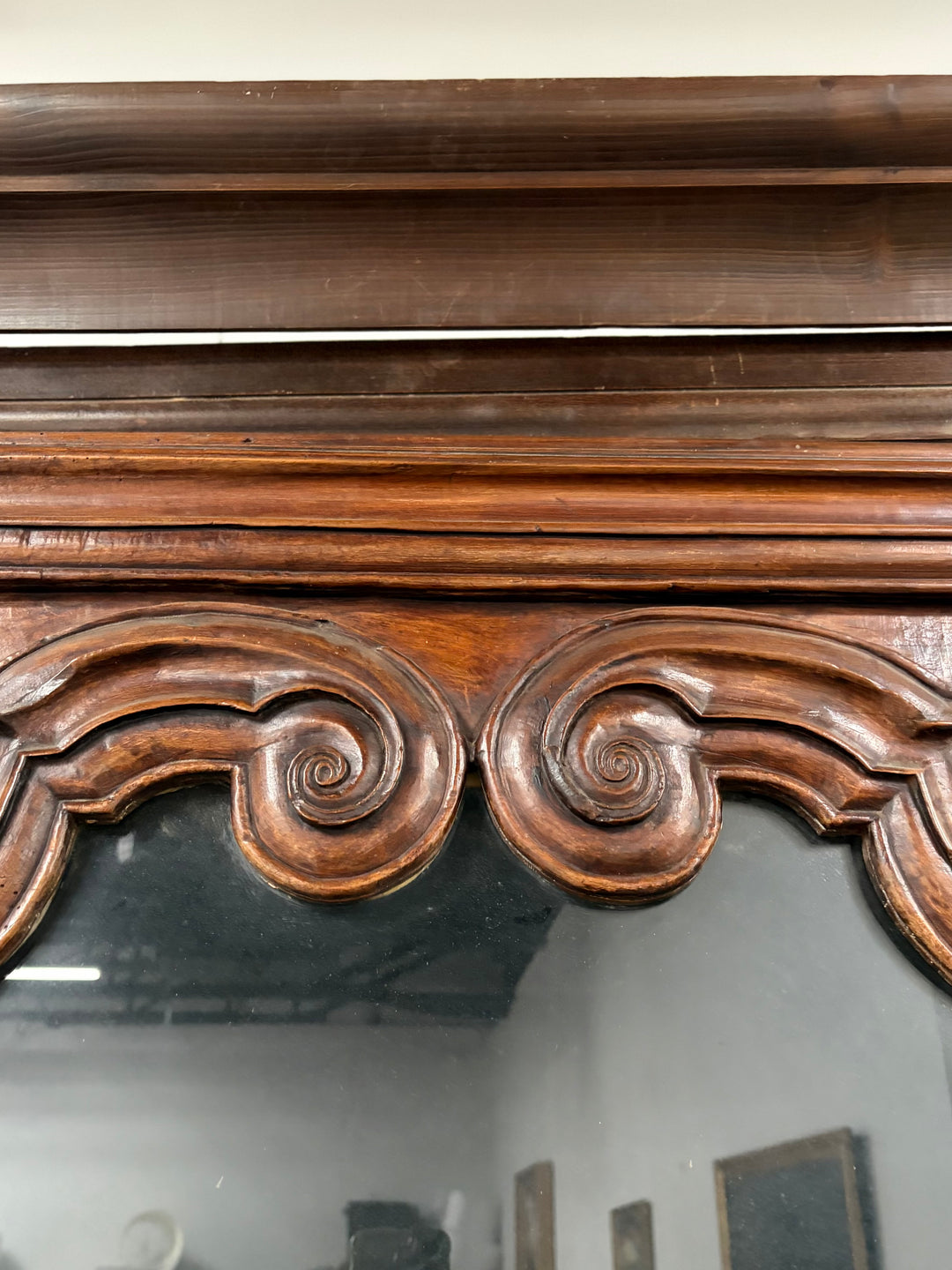 Large Carved Walnut Display Cabinet with Glass Doors