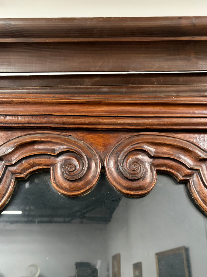 Large Carved Walnut Display Cabinet with Glass Doors