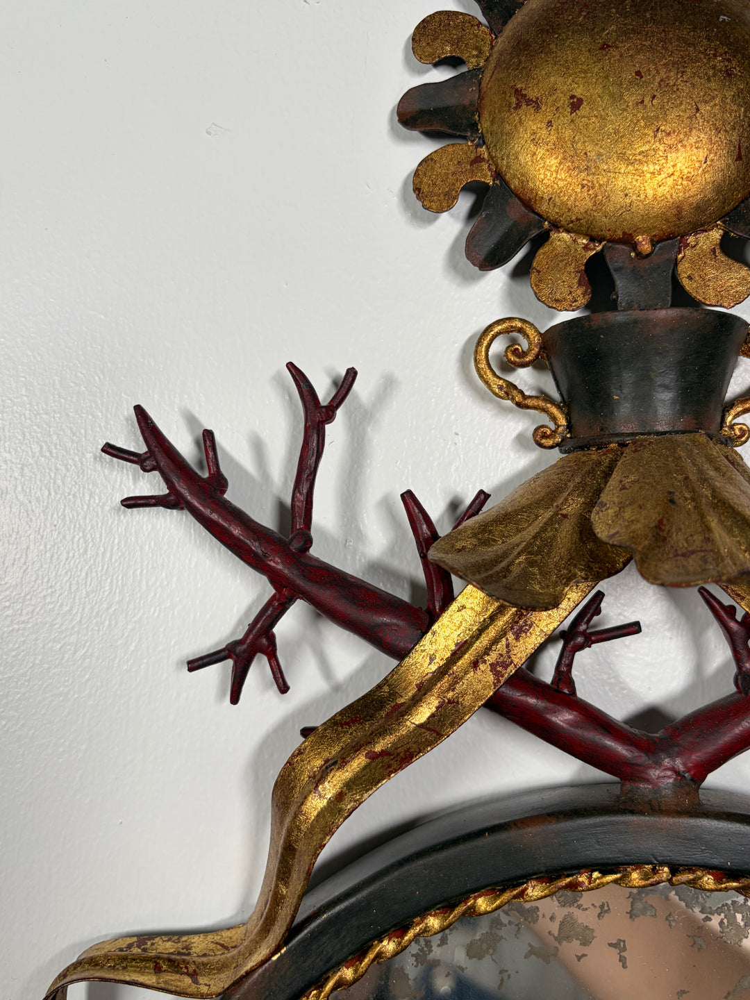 Vintage Two-Light Wall Sconce with Round Mirror and Decorative Ironwork