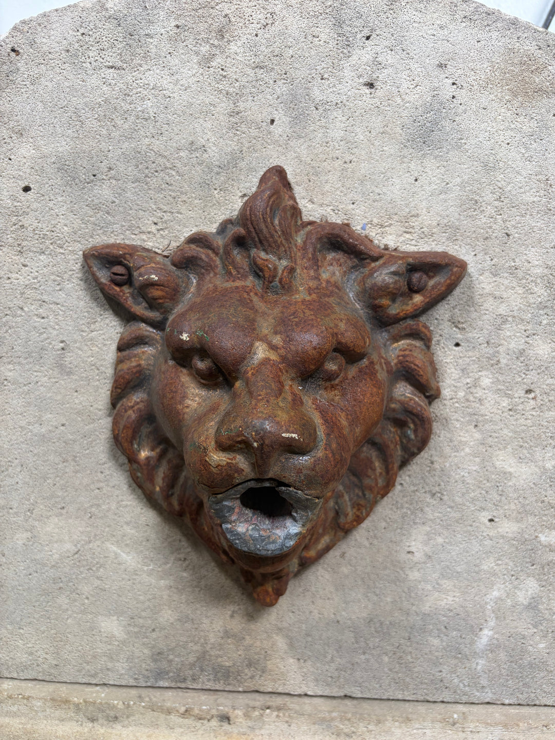 Cast Stone Demilune Fountain Panel with Lion Head Spout