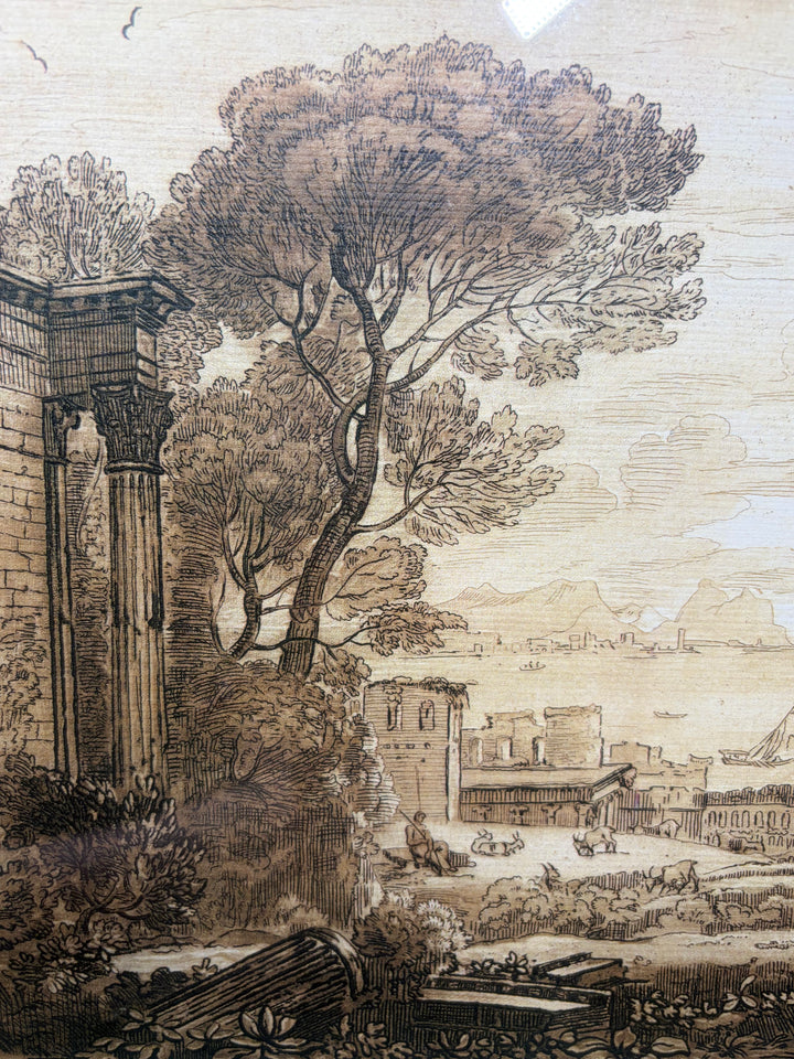 Framed Engraving After Claude Lorraine – Classical Landscape with Ruins