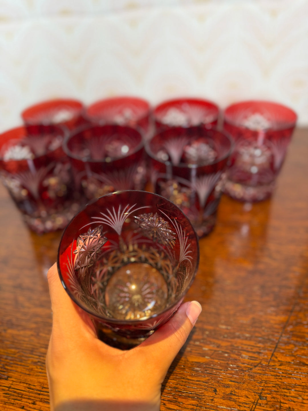 Set of 8 Red Ruby Crystal Cut Glasses