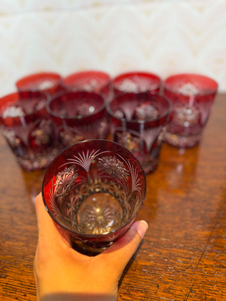Set of 8 Red Ruby Crystal Cut Glasses