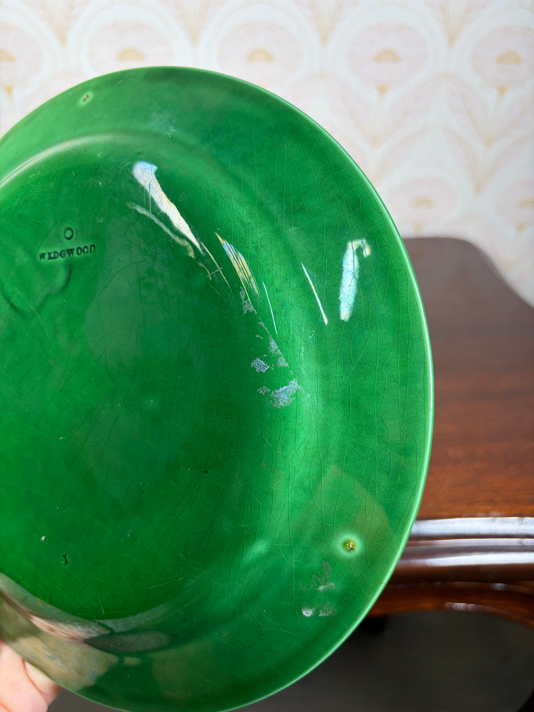 Pair of Green Majolica Leaf Pattern Plates