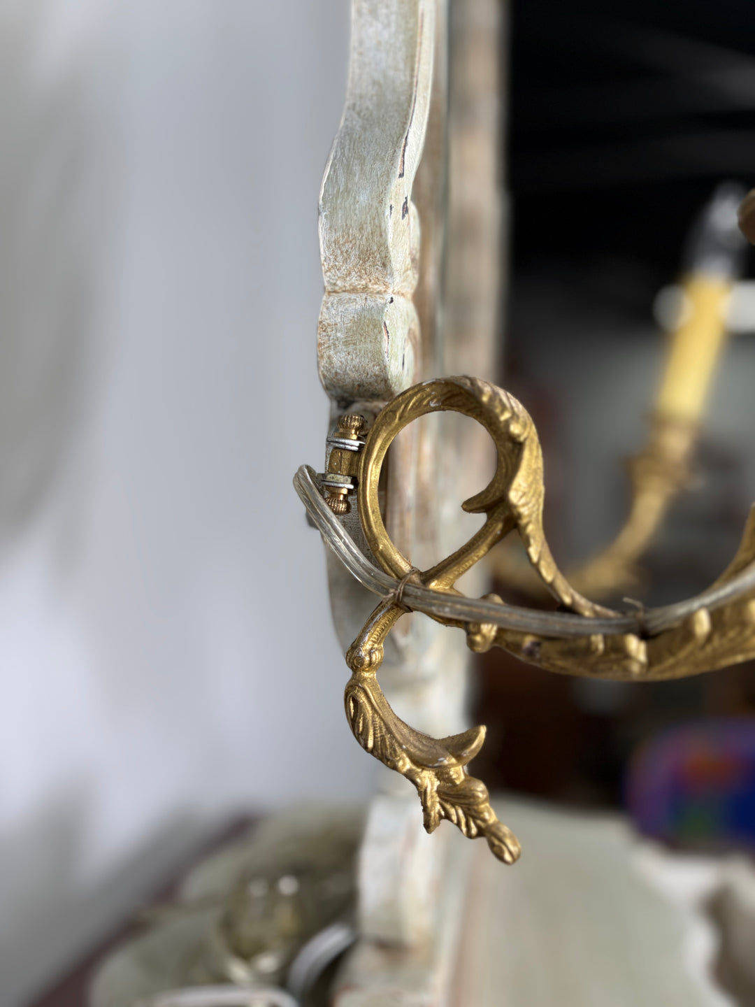 Baroque-Style Vanity Mirror with Candelabra Arms and Jewelry Box Base