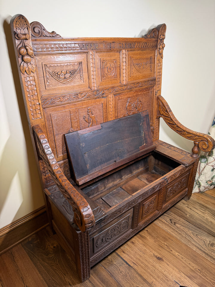 Antique Carved Oak Hall Bench