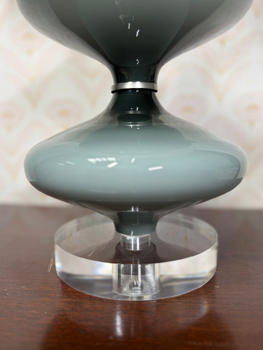 Three-Tier Gray Ceramic Table Lamp with White Drum Shade