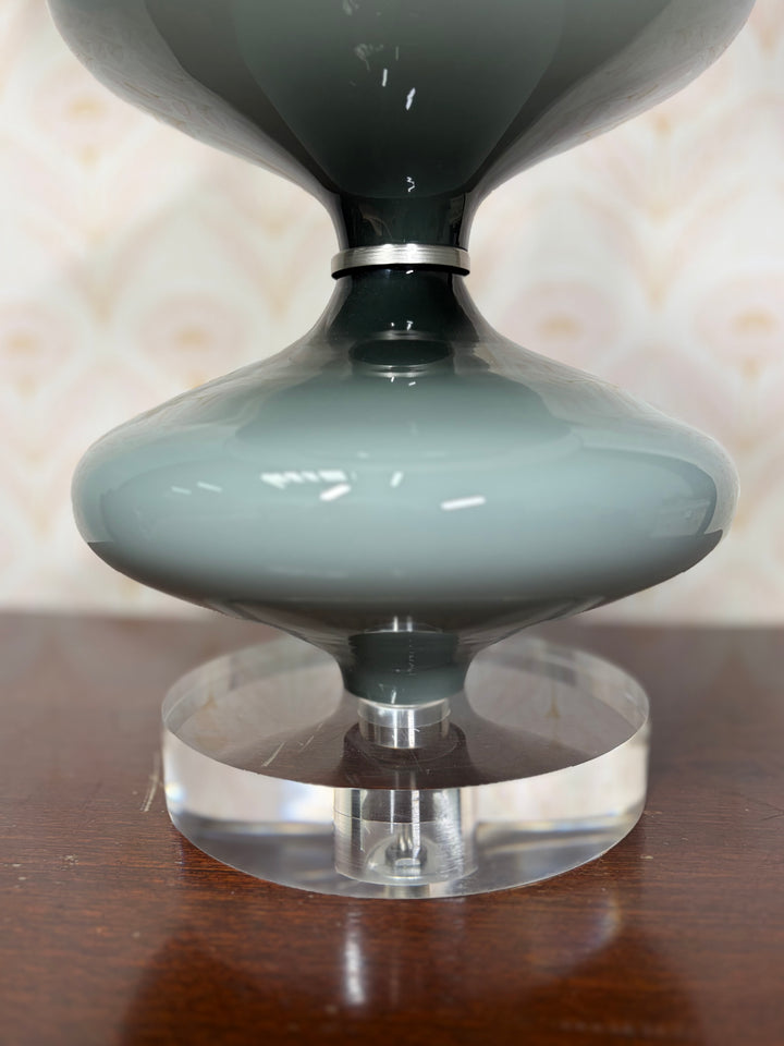 Three-Tier Gray Ceramic Table Lamp with White Drum Shade