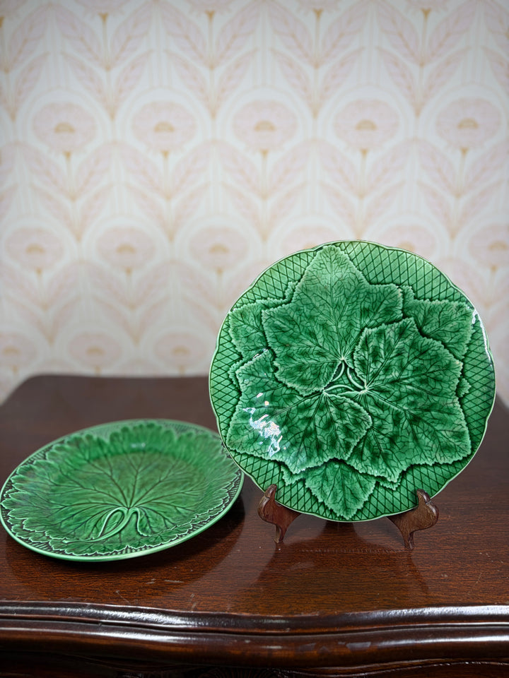 Pair of Green Majolica Leaf Pattern Plates