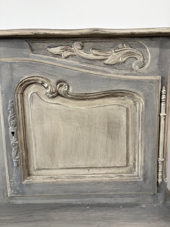 French Provincial Gray-Washed Wood Buffet with Hutch Top