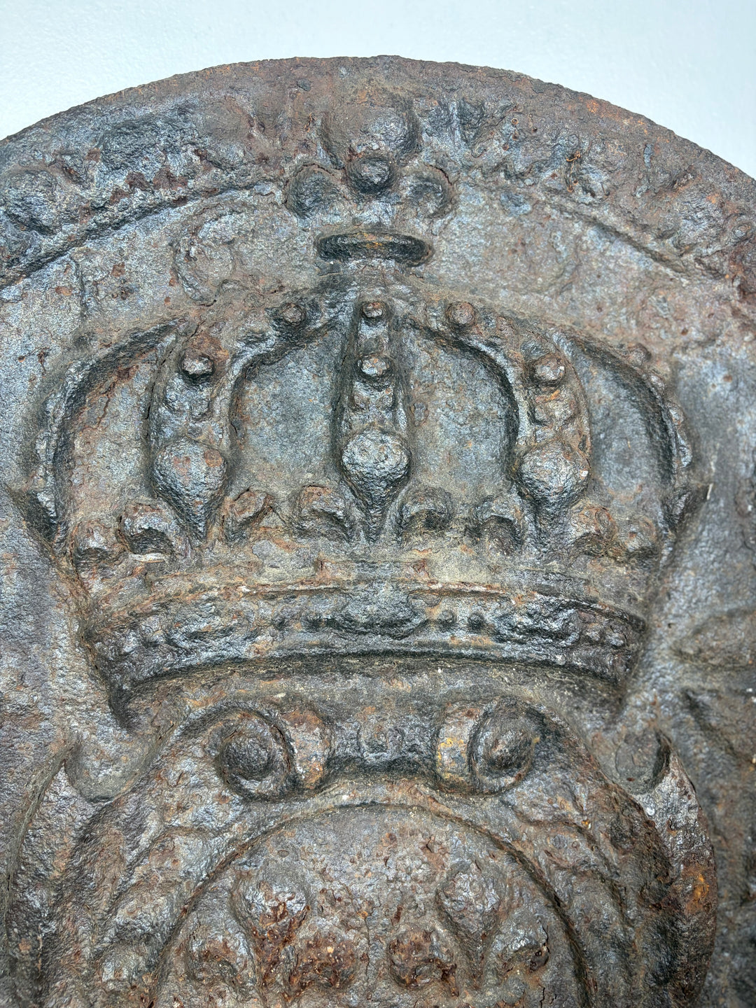 Cast Iron Fireback with Crown and Coat of Arms Relief