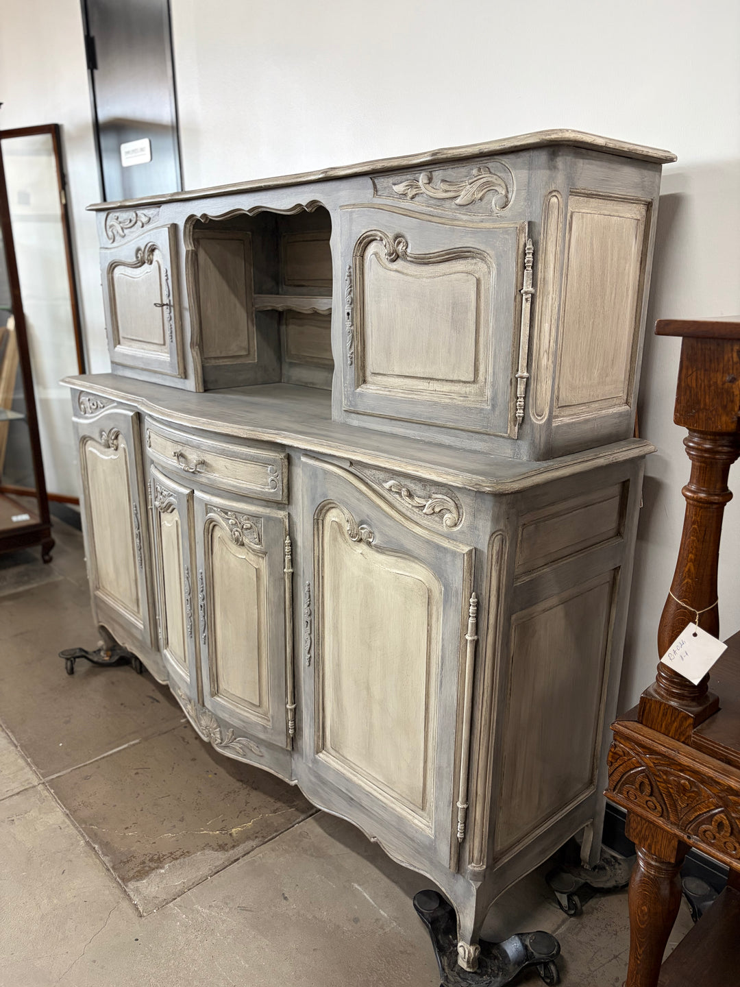 French Provincial Gray-Washed Wood Buffet with Hutch Top