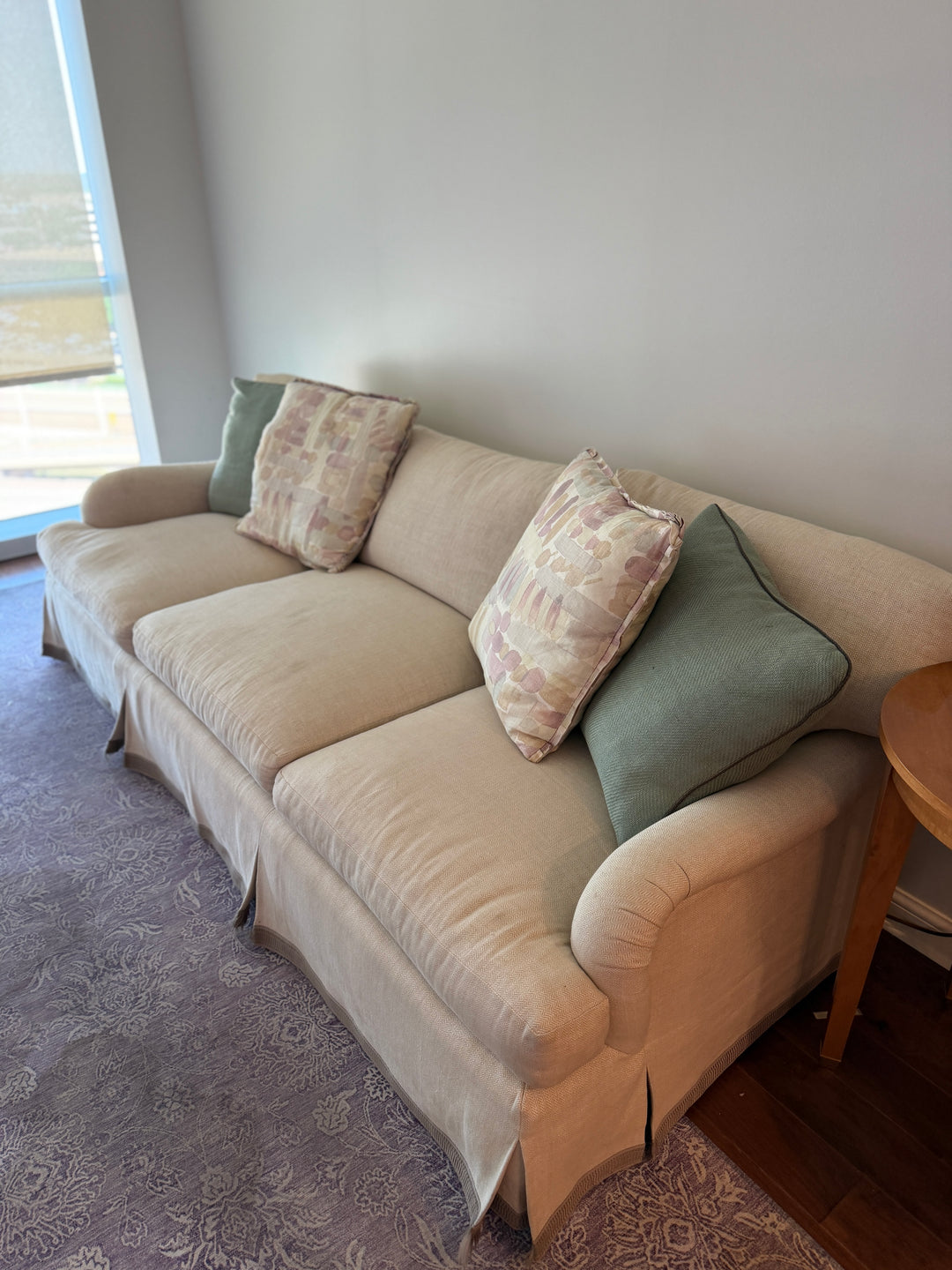 Three-Seat Skirted Sofa in Cream Woven Fabric