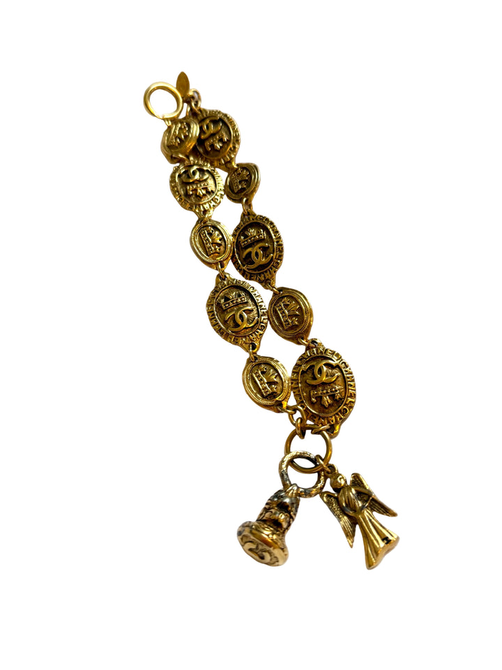 1990s Vintage CC Crown Chanel Bracelet with Angel and CC Charm - 24K Gold (Patina - Mainly on Charms)