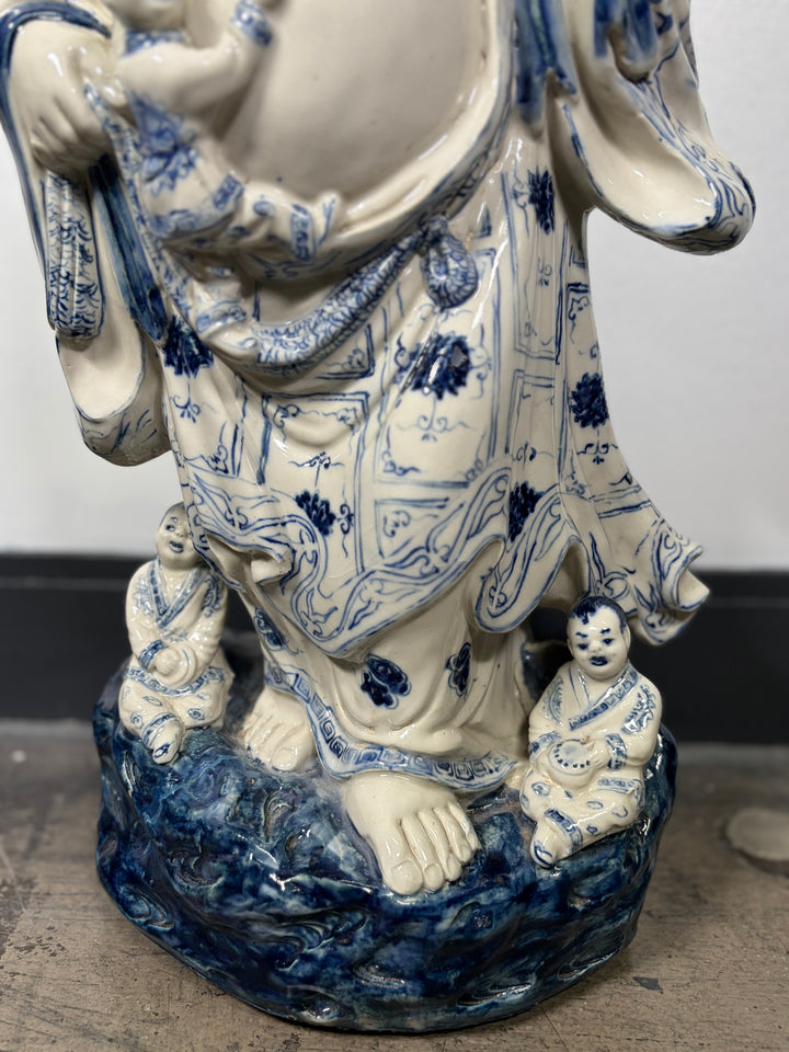 Large Blue & White Porcelain Laughing Buddha Figure with Children