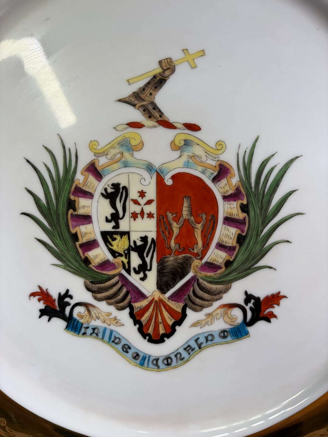 Pair of Decorative Armorial Porcelain Plates with Heavy Gold Borders