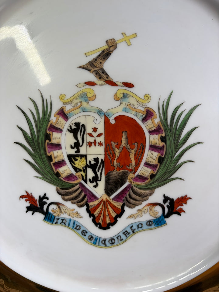 Pair of Decorative Armorial Porcelain Plates with Heavy Gold Borders